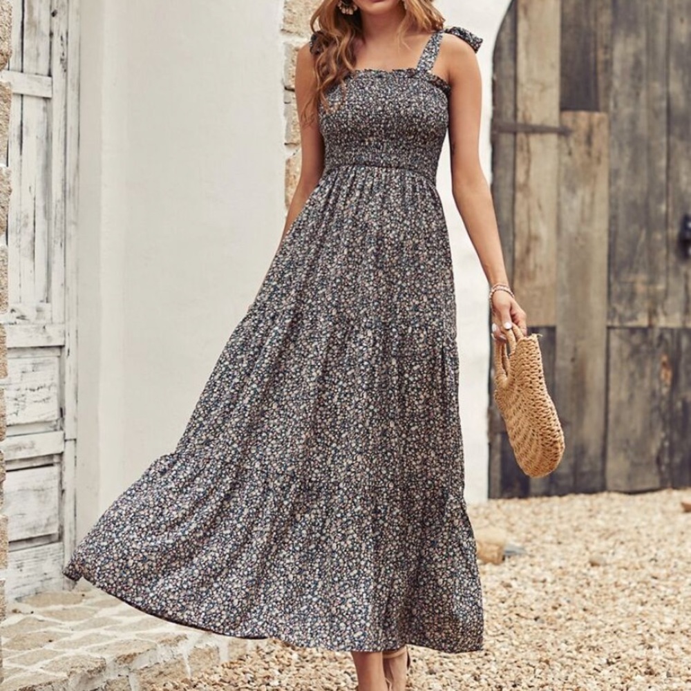Knot Shoulder Ditsy Floral Shirred Cami Dress